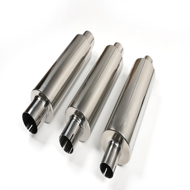 Stainless Steel Cylindrical Muffler – 2" Inlet & Outlet, Mirror Polished with Fiberglass Core