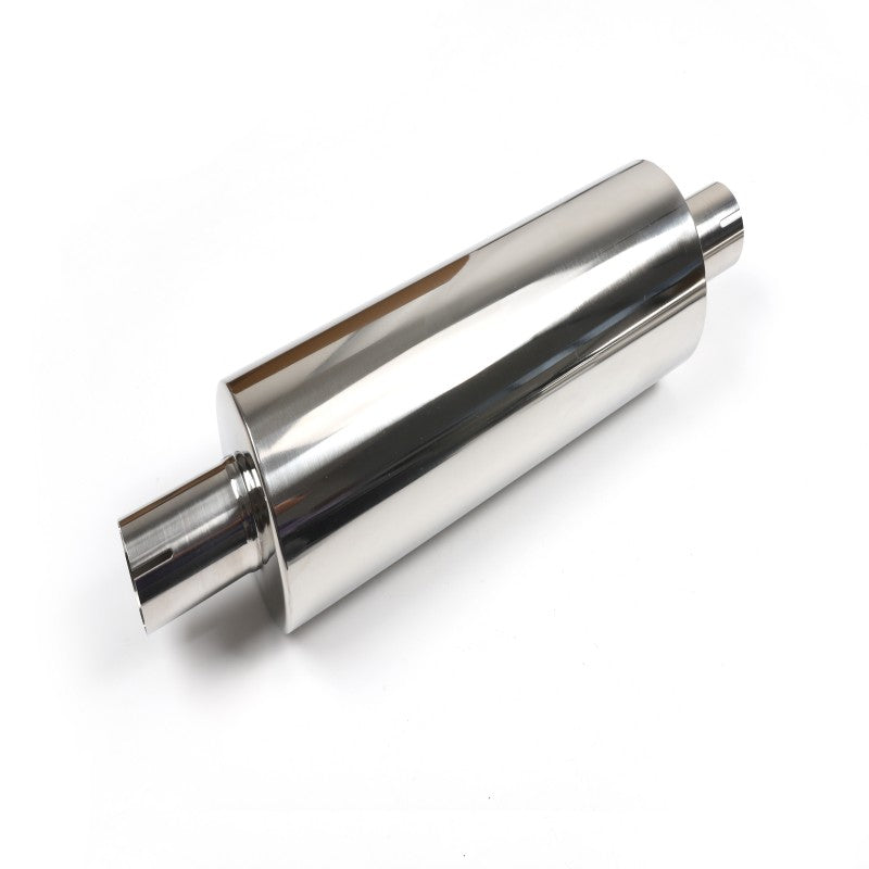 Stainless Steel Cylindrical Muffler – 2" Inlet & Outlet, Mirror Polished with Fiberglass Core