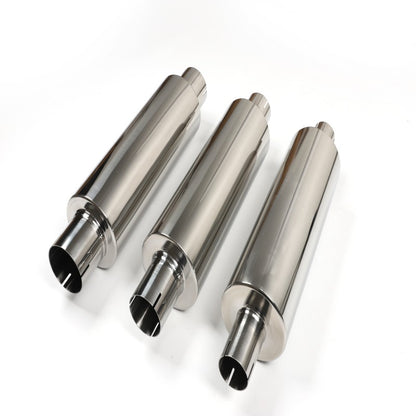 Stainless Steel Cylindrical Muffler – 2" Inlet & Outlet, Mirror Polished with Fiberglass Core